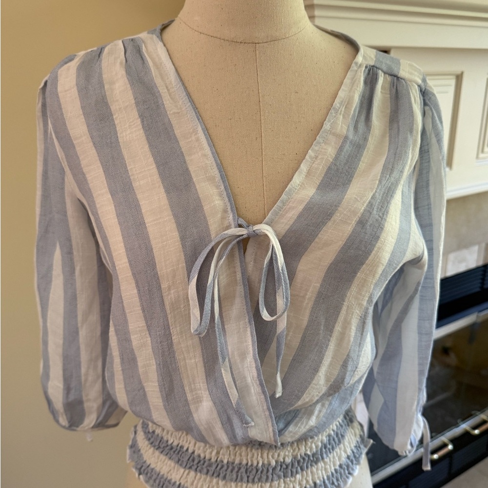 Striped Tie-Front Linen Blend Top in Light Blue and White